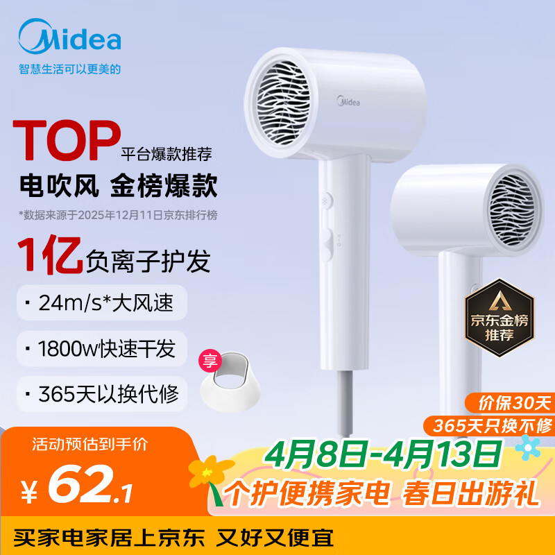 美的（Midea）1亿负离子电吹风 大功率快干不伤发吹风机 家用负离子护发吹风筒 FJ208白1800W 国家补贴 生日礼物