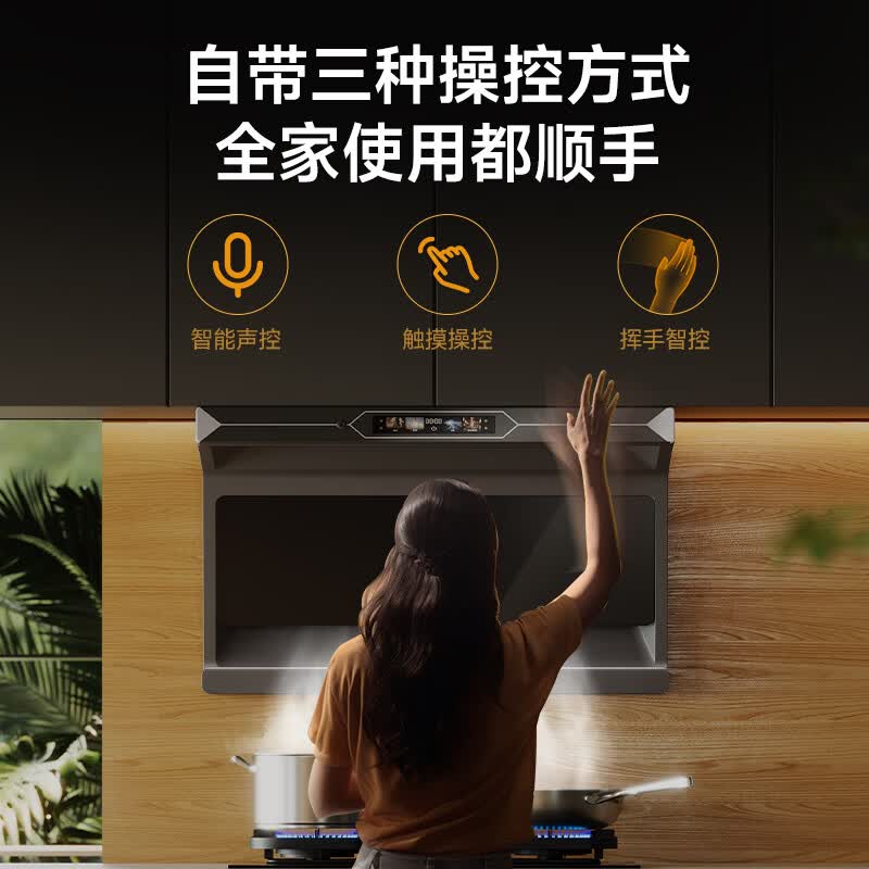 Haotaitai大风量无极变频顶侧双吸排油烟机一级能效智能语音挥手控制 N62烟机+JR03-S双九腔聚能圆架灶
