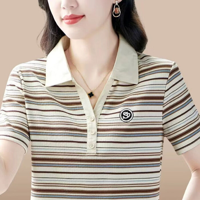 夏季新款短袖T恤休闲上衣年轻妈妈洋气减龄宽松显瘦打底衫外穿女 咖色 XL 【建议115-130斤】