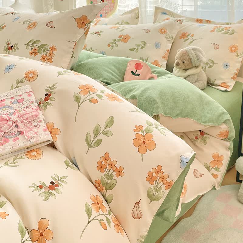 软贝小清新四件套 透气亲肤印花卡通简约田园风被套床单款套件 春田花花 2.0m 床单款 四件套（被套200*230cm）