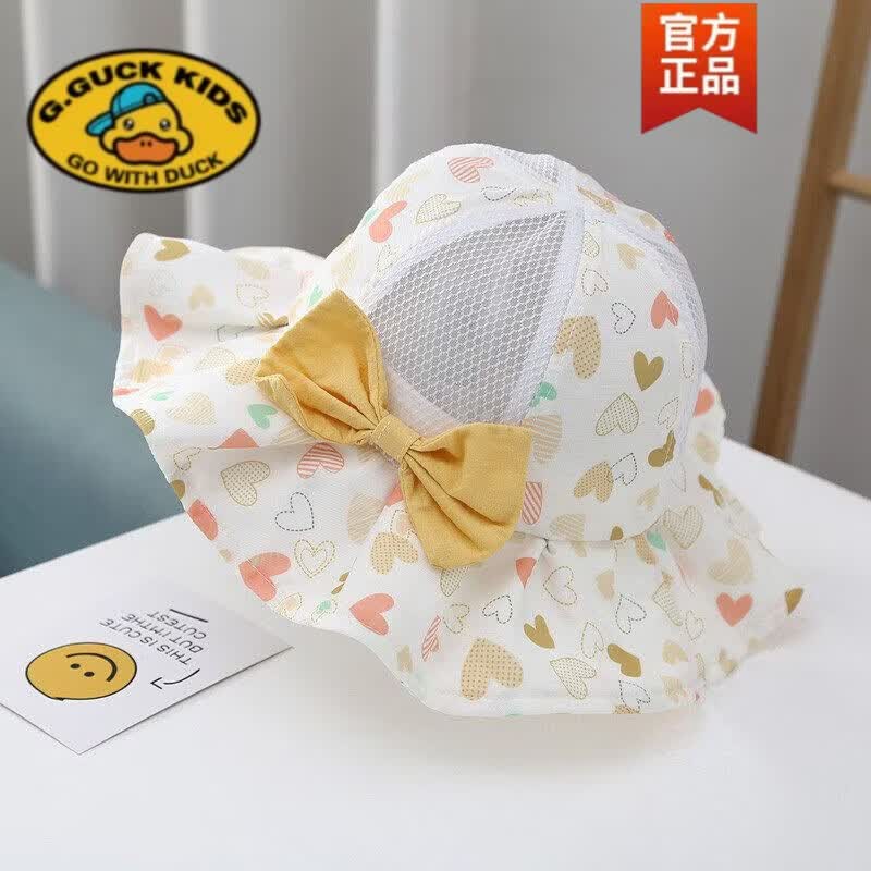 G.duck小黄鸭女宝宝遮阳帽新款夏季网眼透气渔夫帽公主可爱波浪大檐防晒 【爱心+蝴蝶节】紫色. 头围可调：46-52cm约2-6岁