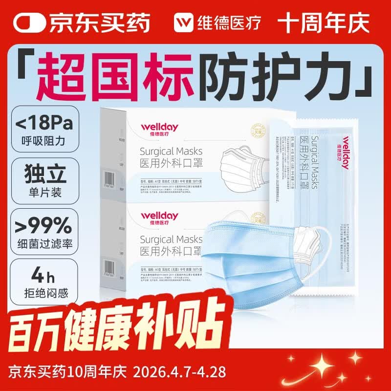 维德（WELLDAY）一次性成人医用外科口罩三层防护防过敏透气灭菌级独立包装100只