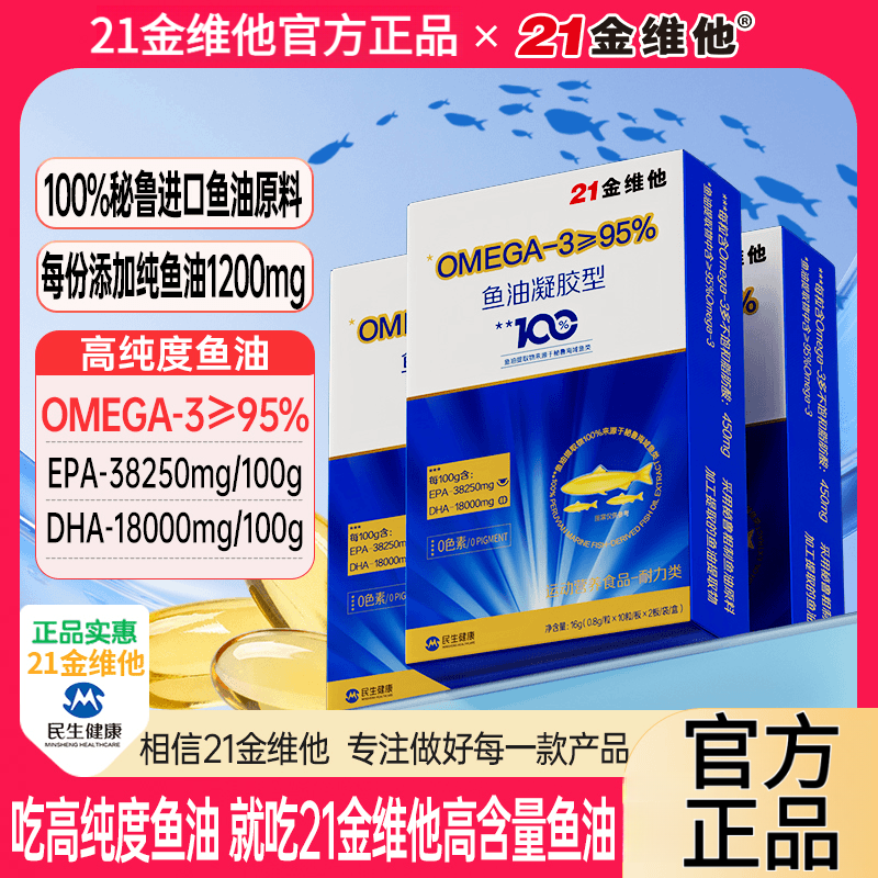 21金维他鱼油软胶囊高纯度鱼油0mega-3≥95%EPA+DHA进口原料高含量正品 21金维他高纯度鱼油 20粒*4盒 京东折扣/优惠券