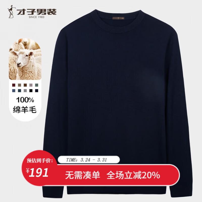 才子（TRIES）男士针织毛衫秋冬圆领修身羊毛衫100%纯羊毛轻柔保暖打底衫 藏青色 M 46 (165/84A)
