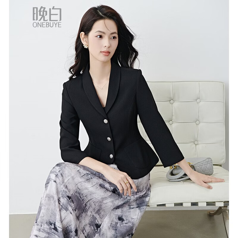 晚白2026春气质高级感翻驳领正式场合小个子西装立体收腰小蛮腰短外套 黑色 S