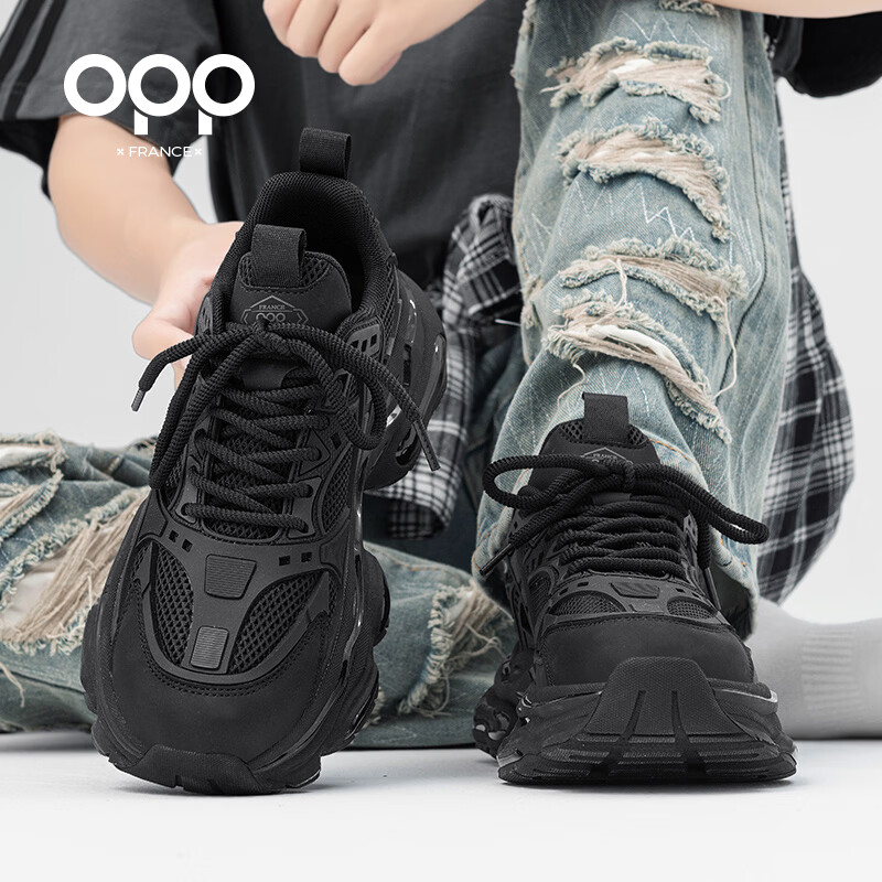 OPP男鞋夏季透气2026新款高级感老爹鞋男士运动鞋百搭休闲鞋软底增高 黑色 单层 44