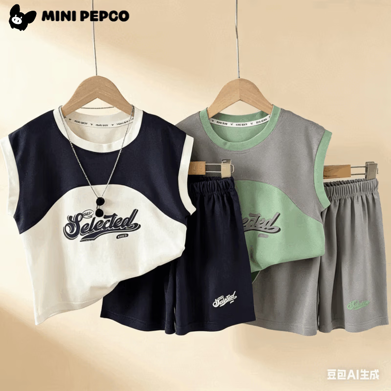 小猪班纳（PEPCO）夏季新款男童T恤韩版字母拼接无袖珠地儿童套装坎肩上衣五分裤子 KS珠地套装-灰色拼绿 150