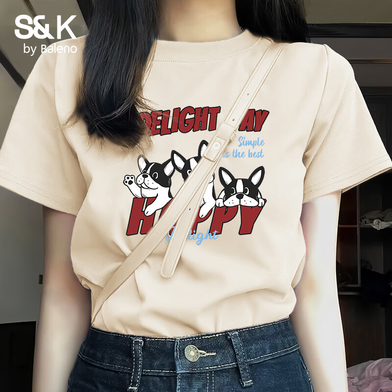 班尼路（Baleno）S&amp;K100%纯棉短袖T恤女2026年夏季女装新款时尚休闲简约复古上衣 杏#红字小狗 L