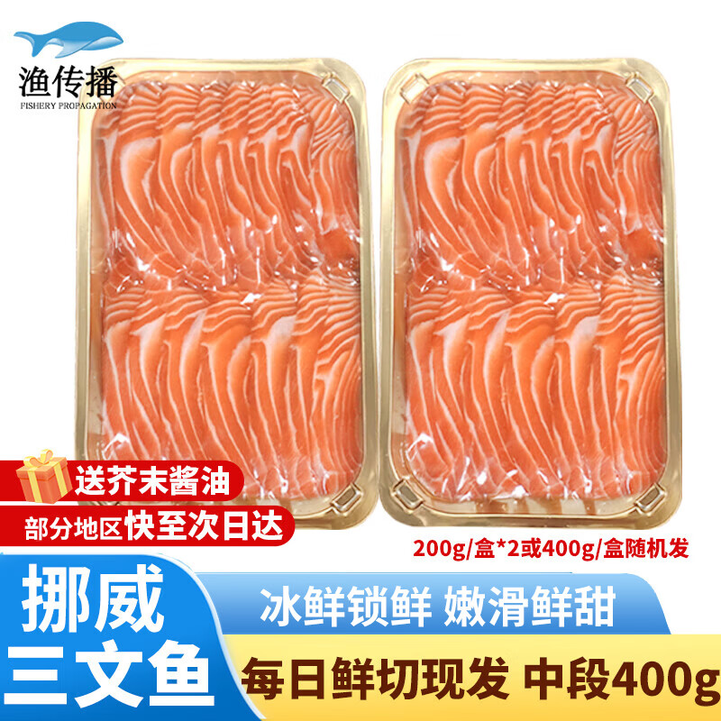 渔传播 冰鲜挪威三文鱼中段鱼腩整条拼盘 鱼类海鲜 净重 三文鱼 400g 中段
