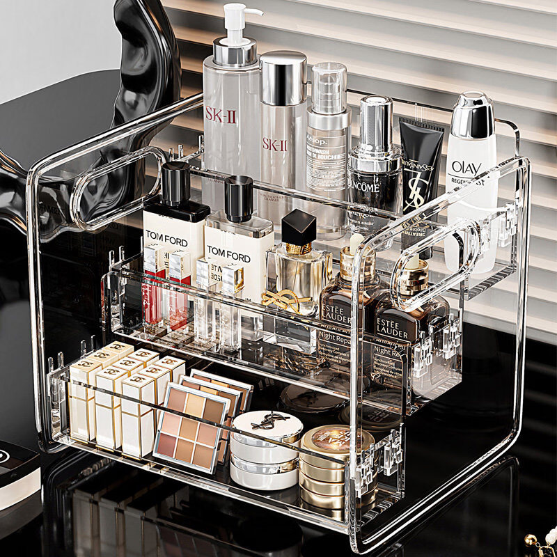 艾仕可（ASCOR）化妆品收纳盒桌面透明亚克力阶梯梳妆台台面多层护肤品香水置物架 【1个装】3层阶梯式-高透加厚