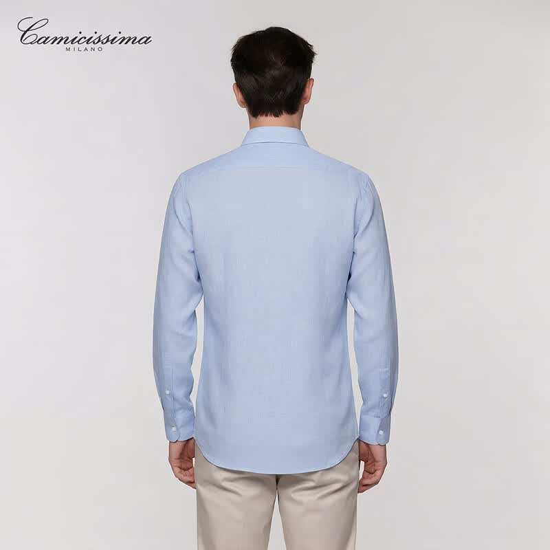 恺米切(CAMICISSIMA)商务休闲春夏透气亚麻长袖衬衫 蓝色长袖衬衫男 蓝色 43