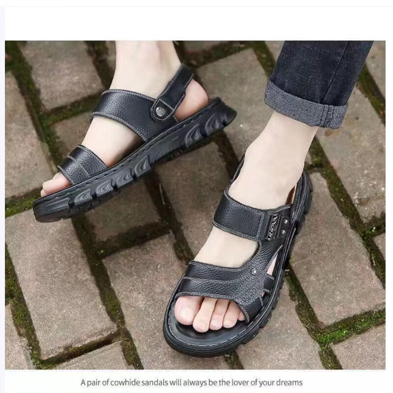 【100%真皮】男士凉鞋夏季新款防滑泡水软底真皮牛皮沙滩男凉拖鞋 「仿真+7」黑色 40 偏小一码