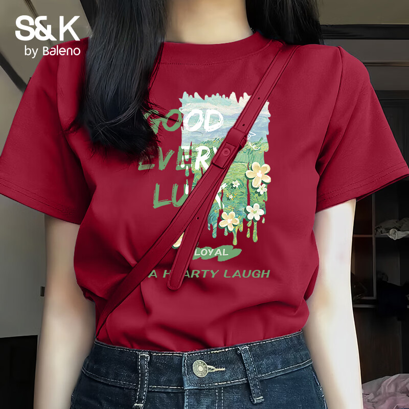 班尼路（Baleno）S&K100%纯棉短袖T恤女2026年夏季女装新款潮流时尚清新百搭上衣 车厘子红#绿色花草 S
