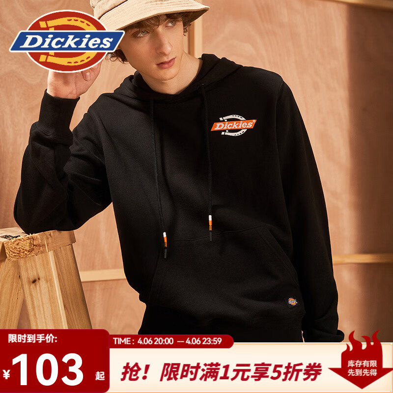 Dickies卫衣男  百搭款连帽抽绳长袖 男式休闲套头上衣 9470 黑色 M