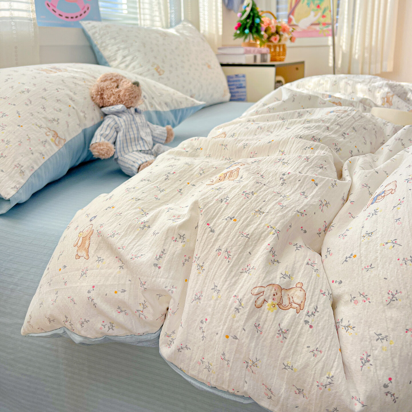 雅鹿A类四件套水洗棉床单被套双层纱母婴级床上用品学生宿舍三件套4 花园派对 1.5/1.8四件套 床单款 （被套200*230）