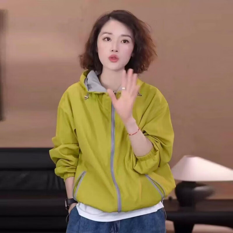 2026春夏新款休闲风连帽防晒外套女宽松百搭短外套两面穿拉链上衣 黄色 L （115-140斤）