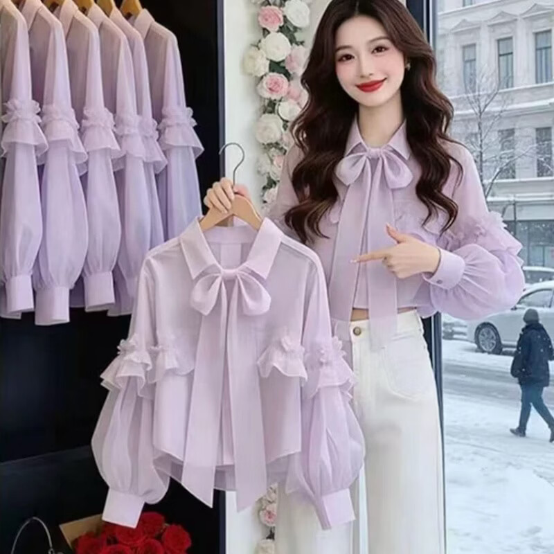 【商场品质】早春新款上衣女古着vintage法式独特蝴蝶结长袖衬衫 浅紫色 S (85-100斤)