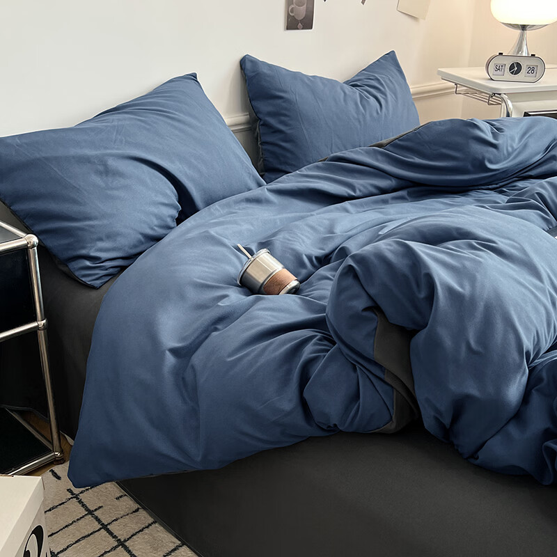 雅鹿ins简约水洗棉被套床单被罩学生宿舍三件套150x200双人纯色四件套 深蓝灰【10A抗菌 可裸睡】 2.0床单四件套 床单款 （被套200*230cm）
