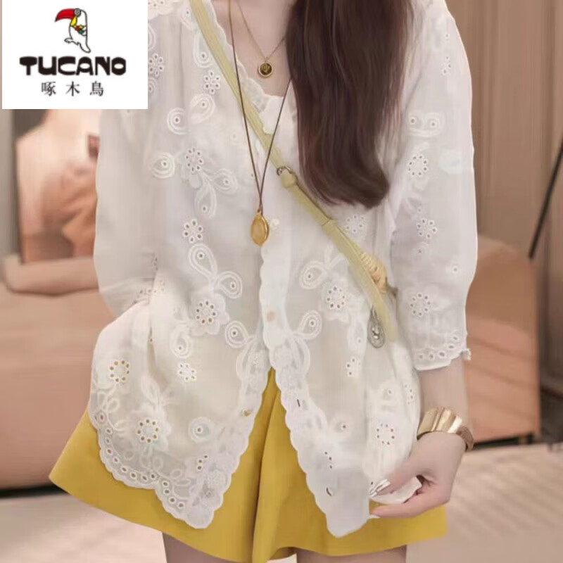 啄木鸟（TUCANO）春夏长袖蕾丝刺绣七分防晒衬衫女夏季2026显瘦时尚薄款防晒衣外穿 白色 2XL 130-140