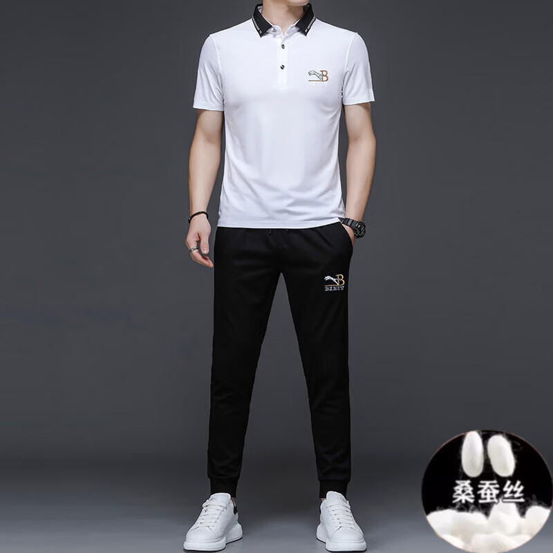 B PRORSUM巴宝莉桑蚕丝英伦风欧洲夏季轻奢男运动套装商务翻领短袖刺绣上衣 国际一线品牌十大奢侈品男装19黑色(短袖+长裤) M 165_