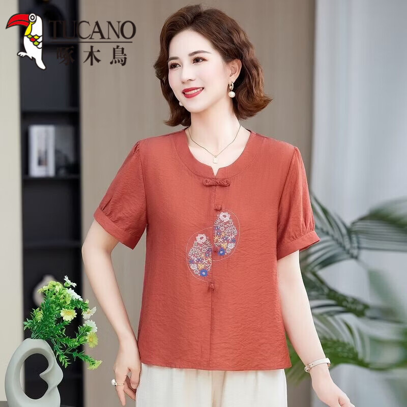 啄木鸟（TUCANO）绣花妈M妈夏装短袖T恤上衣洋气新款中年老年夏季时尚新中式宽松小 橘红色 5XL 建议145-155斤