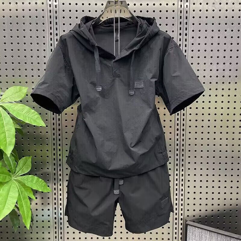 狄保特夏季轻薄透气防晒连帽短袖短裤两件套男潮流简约纯色宽松休闲套装 黑色一套1005【上衣+短裤】-M 建议100-130斤-33