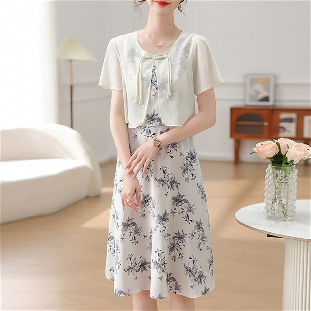 羽主流新中式妈妈夏装洋装洋派2026新款中老年女装贵夫人夏季国风裙子 76款白色 XL 建议105斤以内