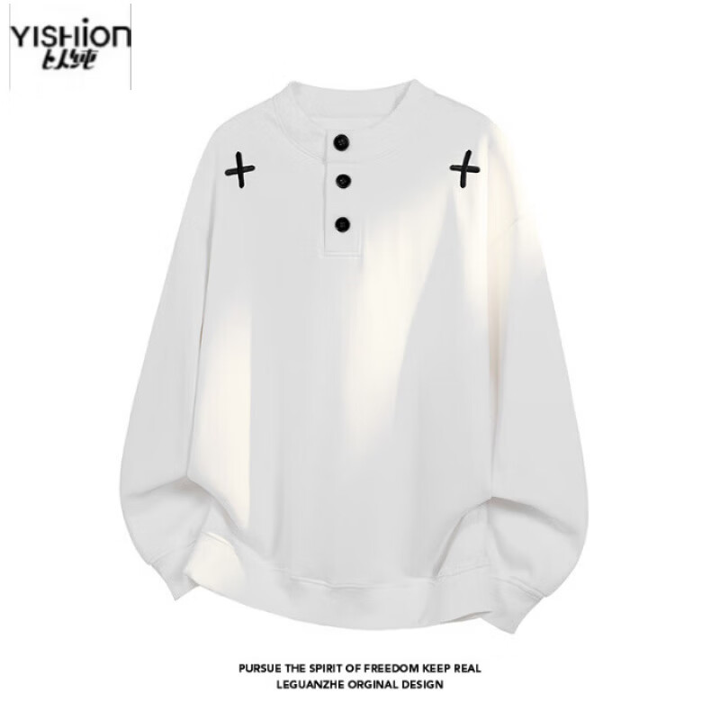 以纯（YISHion）旗舰官方正品十字架刺绣亨利领卫衣男款春季重磅内搭上衣美式正肩 白色 M