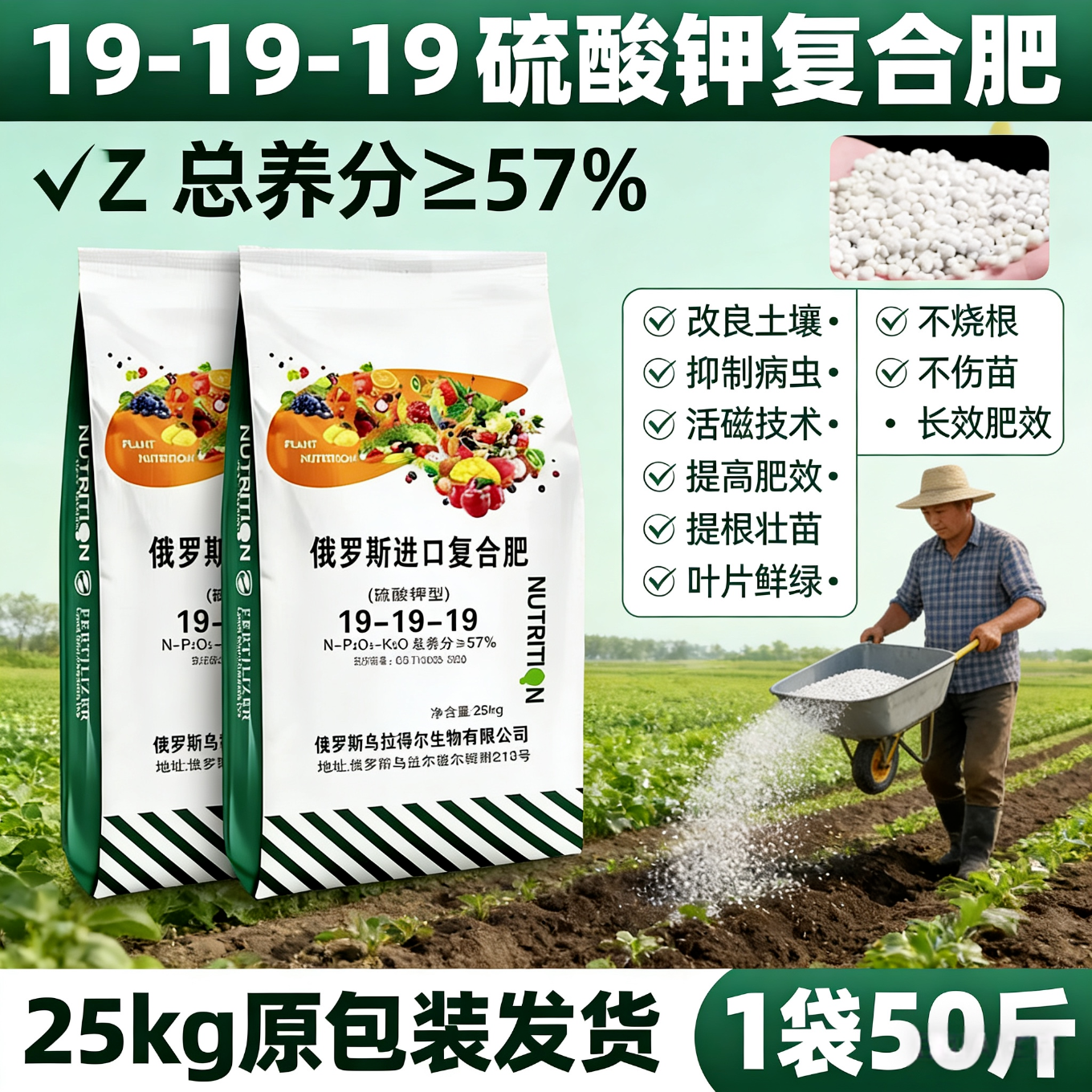 俄罗斯进口50斤有机肥复合肥硫酸钾肥蔬菜肥花肥料果树颗粒肥 【100斤硫酸钾】高效增收