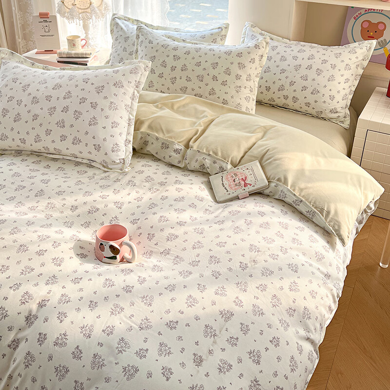 雅鹿春秋床上四件套新款床单被套被罩床品学生宿舍家用四件套 素卉 米黄  【清爽透气水洗棉】 1.2m宿舍 床单款 （被套150*200cm）三件套