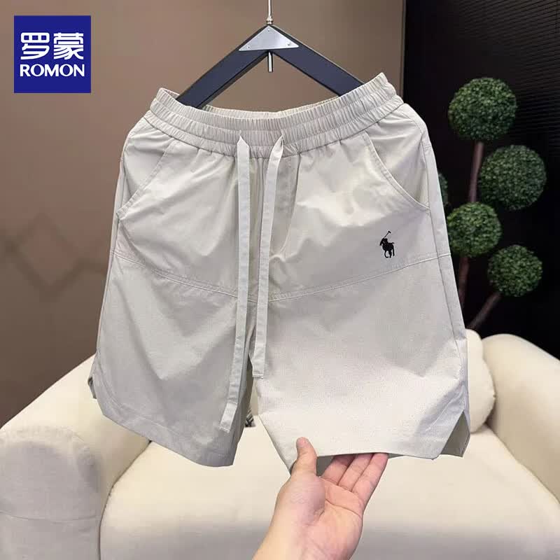 罗蒙夏季男士速干透气五分裤打孔休闲百搭简约刺绣运动短裤男装 25533卡其绿色 XL 约140-155斤
