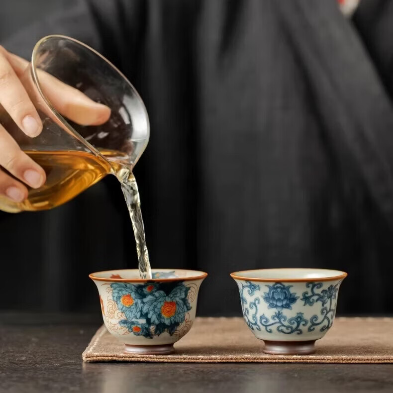 BOSSY新中式汝窑青花珐琅彩茶杯套装礼盒装高档品茗杯单杯生日伴手礼 繁花一壶四杯套装【礼盒装】