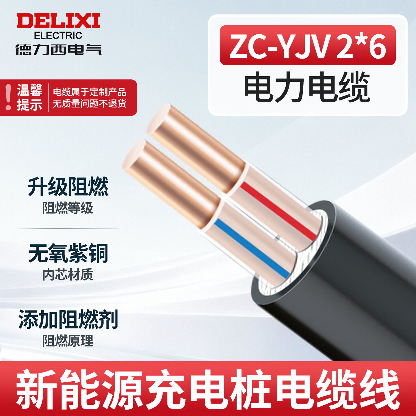德力西电气电线电缆ZC-YJV3*4三芯6平方10平方充电桩电缆线低压阻燃铜芯线 2芯6平方（电缆线不支持退货） 1米