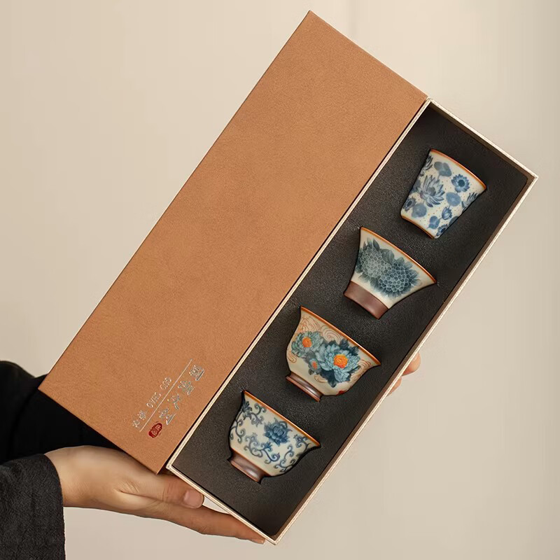 BOSSY新中式汝窑青花珐琅彩茶杯套装礼盒装高档品茗杯单杯生日伴手礼 繁花一壶四杯套装【礼盒装】 京东折扣/优惠券