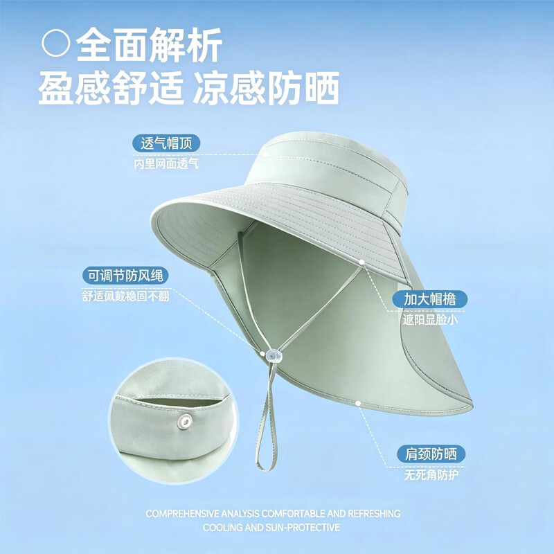 万宝绿大帽檐冰丝防晒太阳帽女遮阳脸防紫外线夏季新款护颈披肩遮渔夫帽 【青色】全方位防晒 【调节扣搭配】帽围随意调松紧