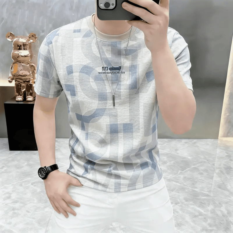 高档夏季圆领薄款印花短袖T恤男士时尚休闲百搭半袖体恤男装 杏色 XL (130-145斤)