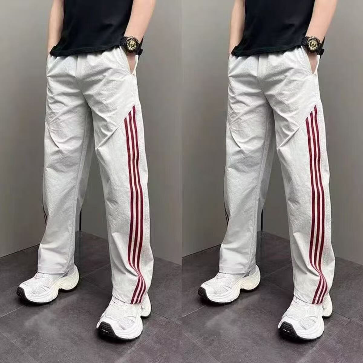 2026夏季新款运动条纹拼接休闲裤男士宽松阔腿裤直筒长裤潮牌WXH 灰红条 XL (建议130-150斤）