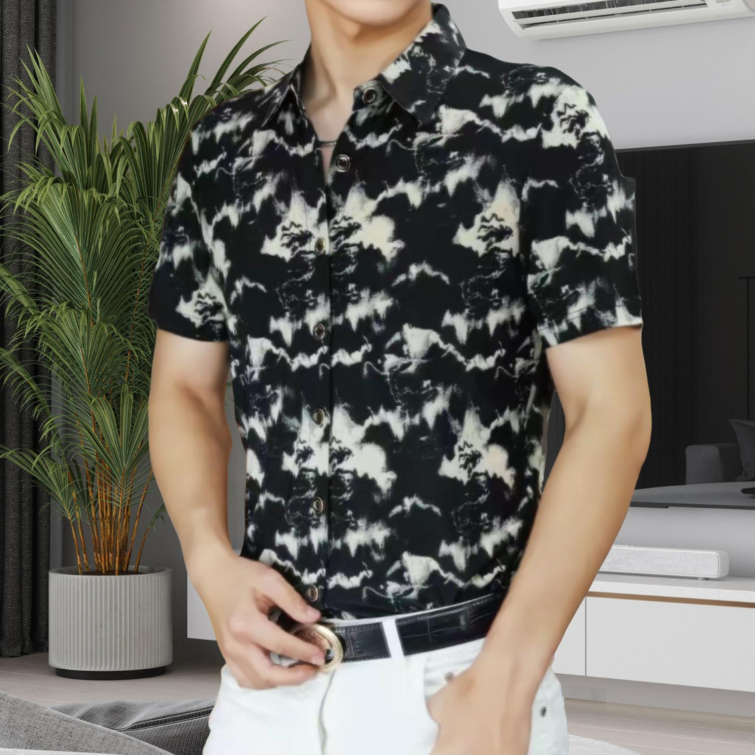 【高奢系列】2026夏季男士薄款印花翻领短袖时尚潮流百搭衬衫H 黑色 XL 【建议体重120-140斤】