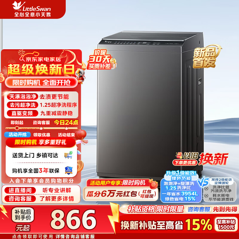 小天鹅（LittleSwan）洗衣机全自动波轮8公斤小型一级能效直驱变频电机省水省电内衣除菌除螨宿舍租房神器以旧换新补贴 TB8V28DT 波轮 超净洗1.25洗净比