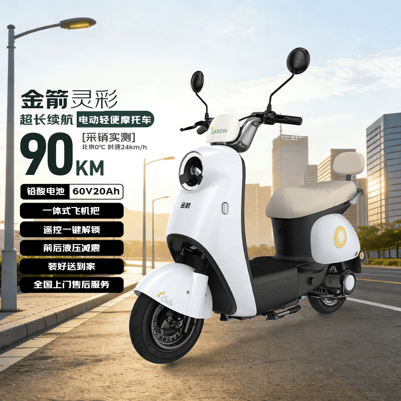 金箭电动摩托车 【人气爆款】灵彩60V铅酸电池长续航大动力踏板电动轻便摩托车电动车米雾白