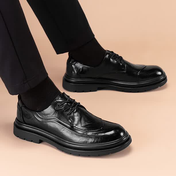 Walker Shop皮鞋男高端商务正装男士皮鞋2026新款休闲真皮透气软底内增高男鞋 黑色【内增高】 40
