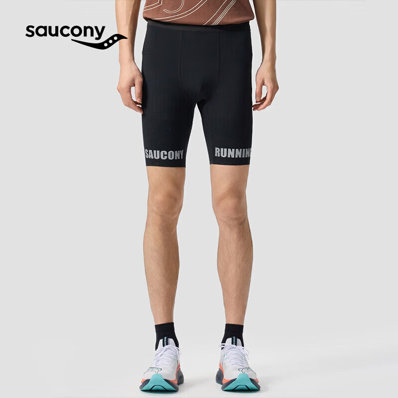 SAUCONY索康尼男子春夏高弹耐磨反光印花跑步训练梭织紧身五分裤