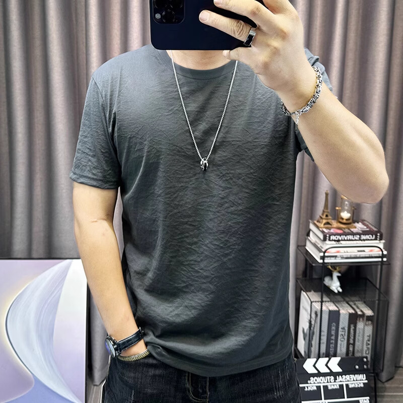 【男士精品】纯色棉麻t恤夏季薄款透气圆领半袖宽松简约百搭上衣 灰色 XL (135-150斤)