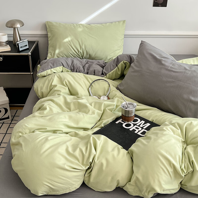 雅鹿ins简约水洗棉被套床单被罩学生宿舍三件套150x200双人纯色四件套 绿浅灰【10A抗菌 可裸睡】 2.0床单四件套 床单款 (被套200*230cm)