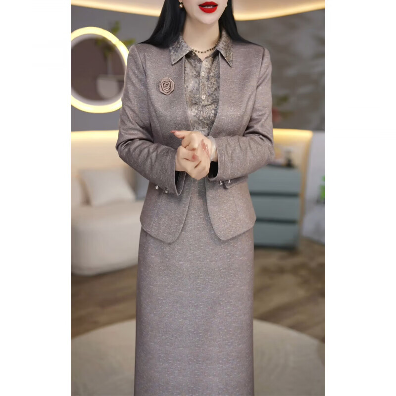 香影纯气质长袖小西服两件套连衣裙女2026春秋新款妈妈高档套装显瘦裙子 图片色 4XL (建议141-155斤)