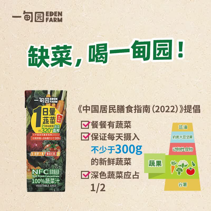 一甸园(Eden Farm)100%NFC蔬菜汁21种蔬菜直榨孕妇早餐无糖0脂补水饮料果蔬汁整箱 【礼盒装】200ml*10盒*3箱