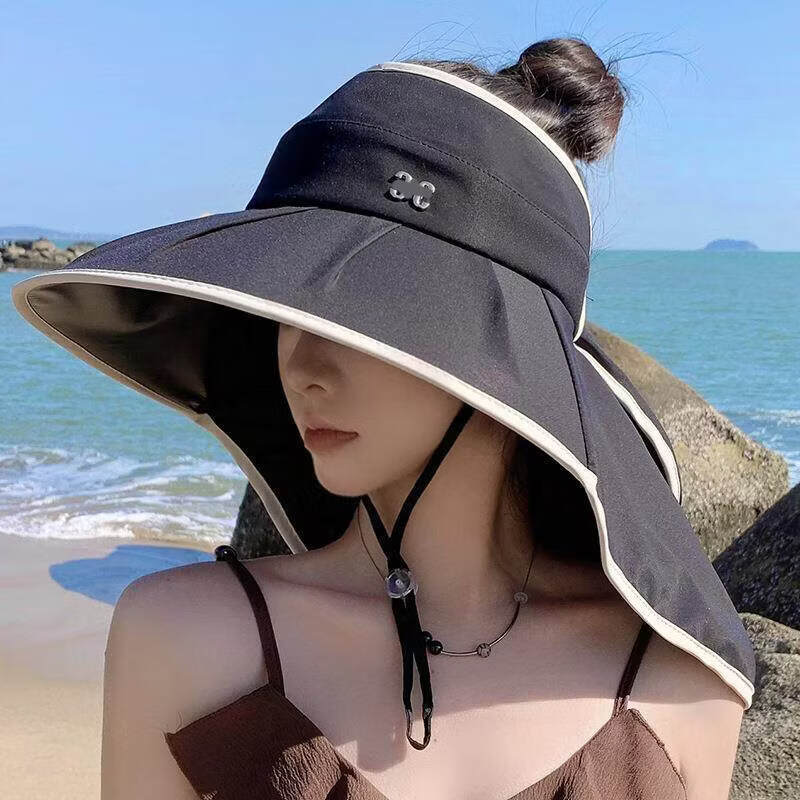 DFBK防晒帽女大檐遮脸披肩夏季太阳骑行户外空顶遮阳登山帽子 黑色 布款加大帽檐-加长披肩40℃晒不黑防皮肤光老化 均码