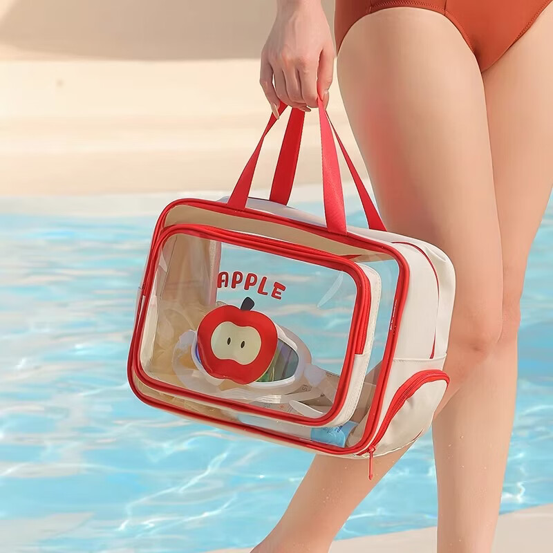 米卡博旅行出差洗漱包便携透明防水潮收纳袋干湿分离洗澡游泳健身化妆包 红色【中号单层】便携收纳舒适提手 高颜值透明收纳包