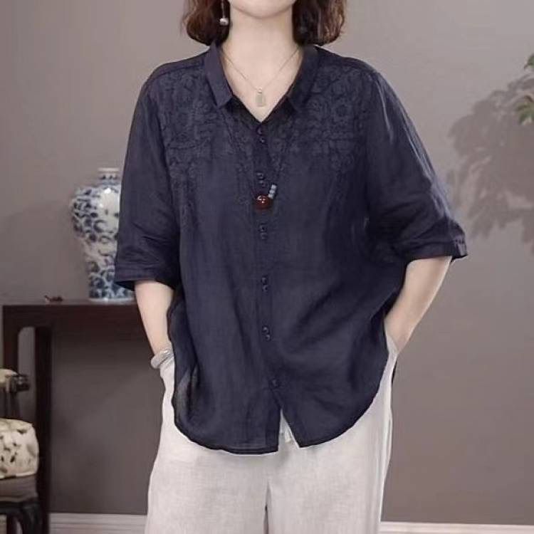 啄木鸟（TUCANO）女士棉麻衬衫2026夏季薄款中年妈M妈半袖高端冰丝亚麻苎麻上衣 藏青色 M (建议90-110斤