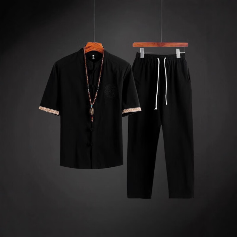 隐形都市莫代尔棉麻两件套中国风夏季亚麻套装中式唐装汉服茶禅服男士睡衣 黑色【上衣+裤子】两件套 当季新品 5XL 200-220斤